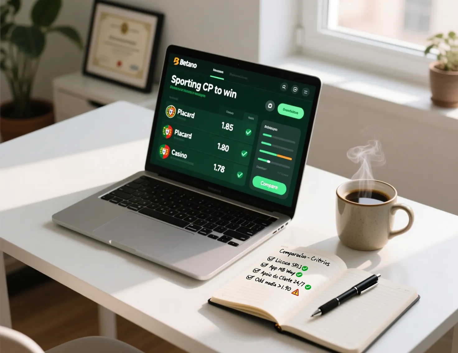 Secretária organizada com portátil mostrando interface de apostas, bloco de notas com lista de comparação e chávena de café